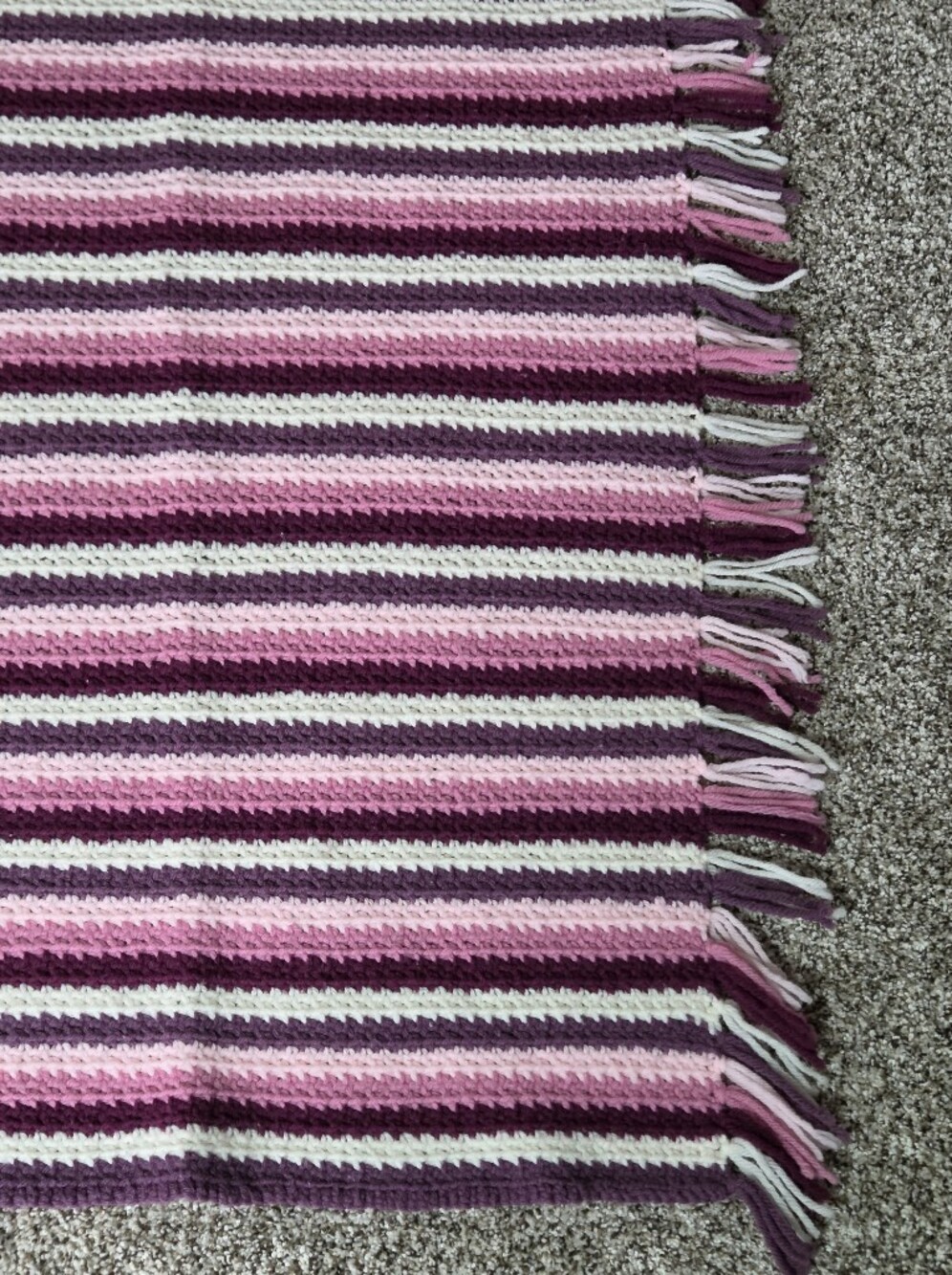 Crochet Blanket Afghan Throw Striped Pink Purple White Fringed 47x50‎ Vintage - Picture 4 of 6